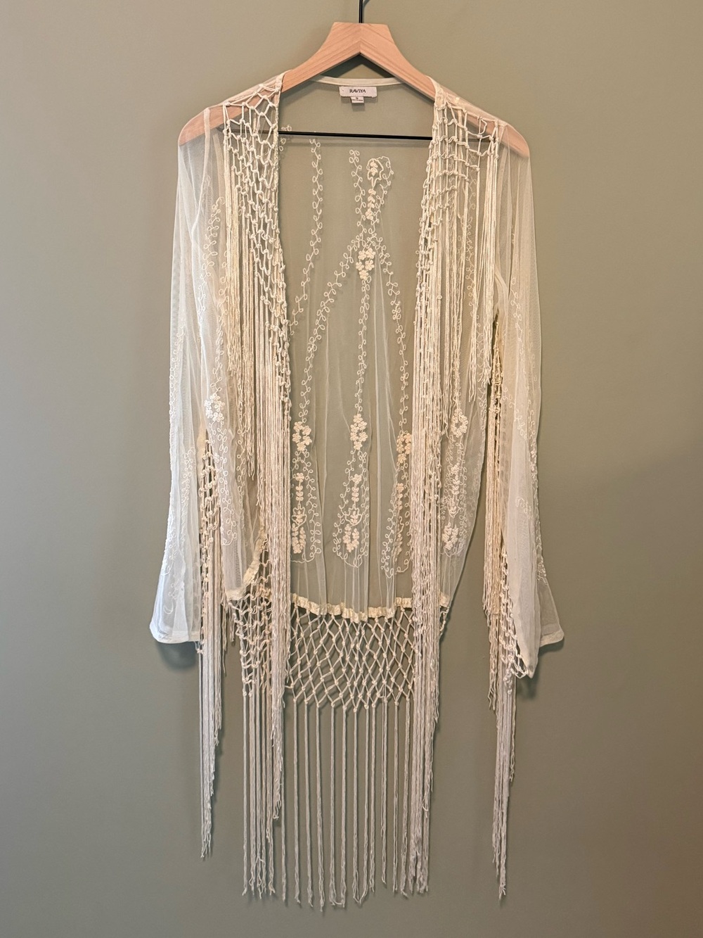 Raviya Cream Sheer Embroidered Fringe Boho Cardigan | S